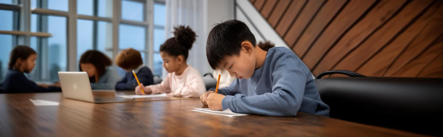 Students taking an academic achievement test to assess their proficiency in reading, math, and writing for educational evaluation.